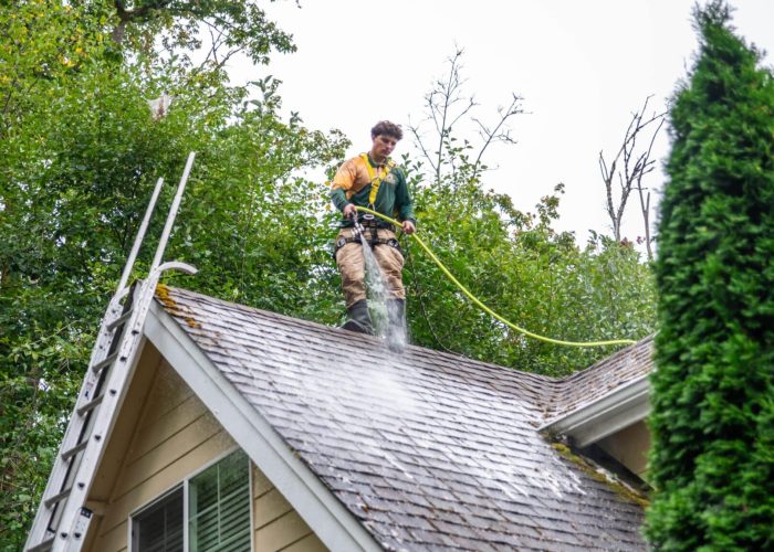 Man spraying water from a hose while cleaning the rooftop.